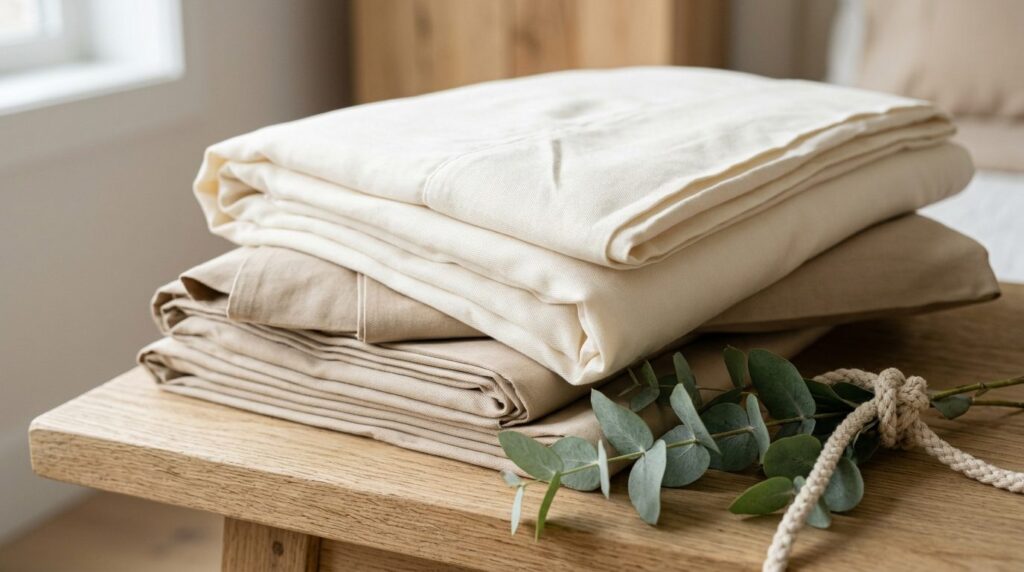 Close-up detail shot of folded premium bamboo bedding set, r
