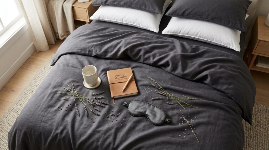 Styled bedroom flat-lay overhead shot, luxury bamboo sheet s