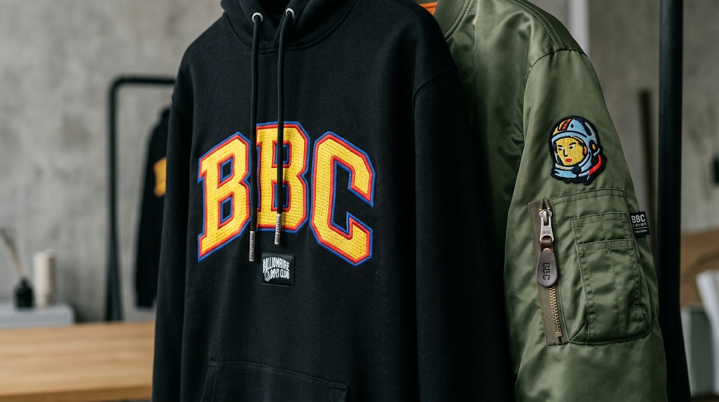 Close-up detail shot of luxury streetwear garments showcasin