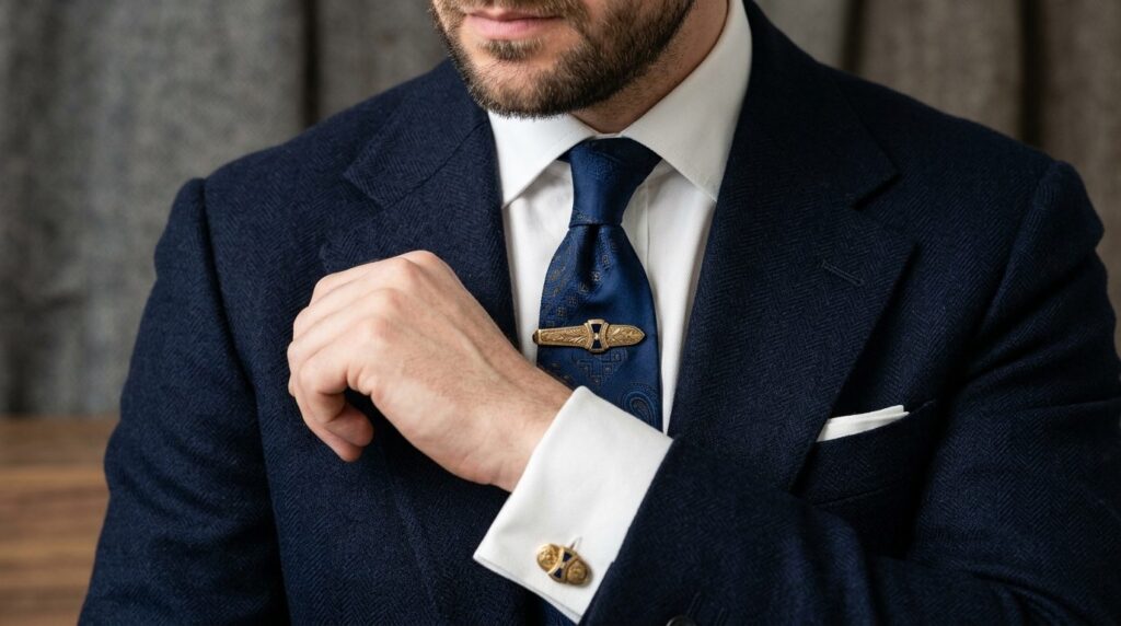 Close-up detail shot of a well-dressed mans suit jacket sho