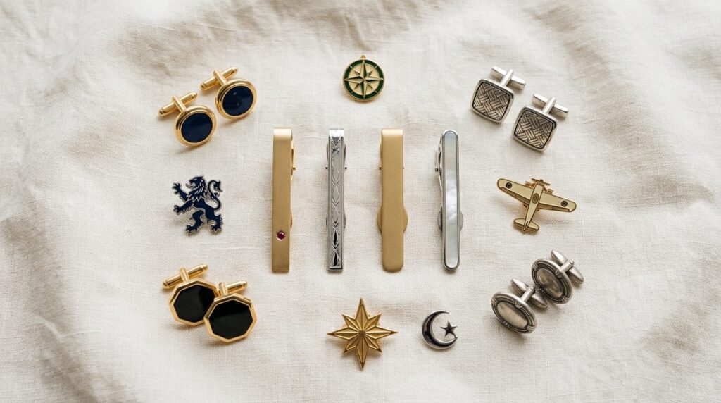 Flat lay composition of timeless mens accessories: enamel p