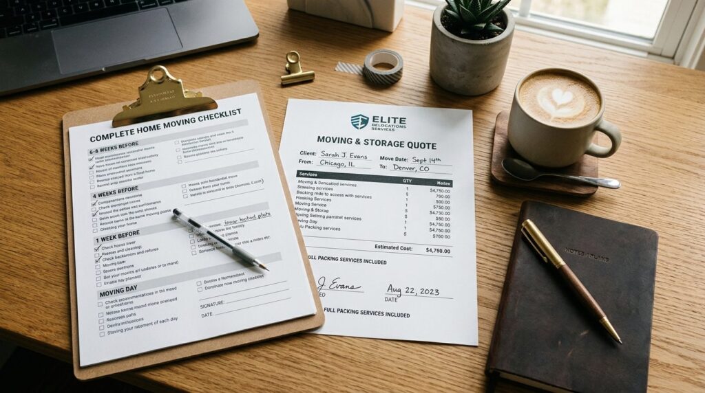Close-up lifestyle image of a detailed moving checklist and