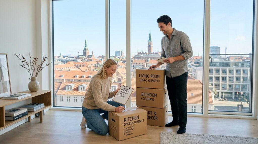 Urban Copenhagen scene: A young professional couple reviewin