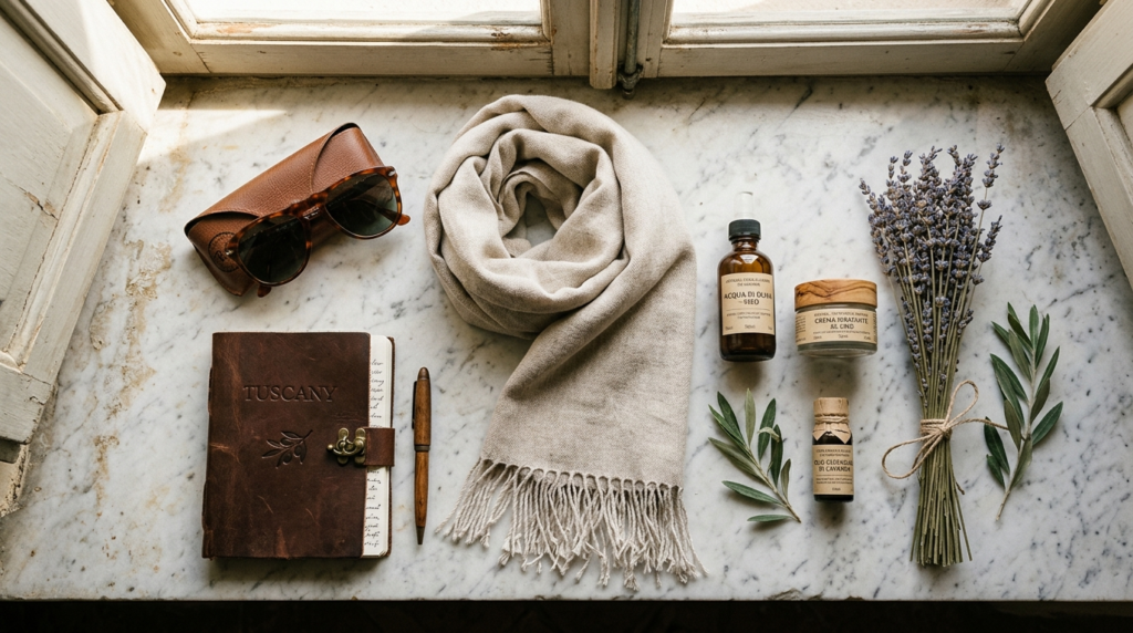 Minimalist flat lay of curated travel essentials for Tuscany