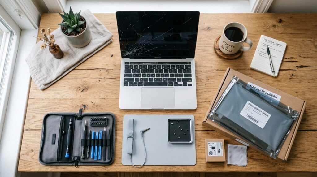 Flat lay overhead shot of a stylishly arranged workspace fea
