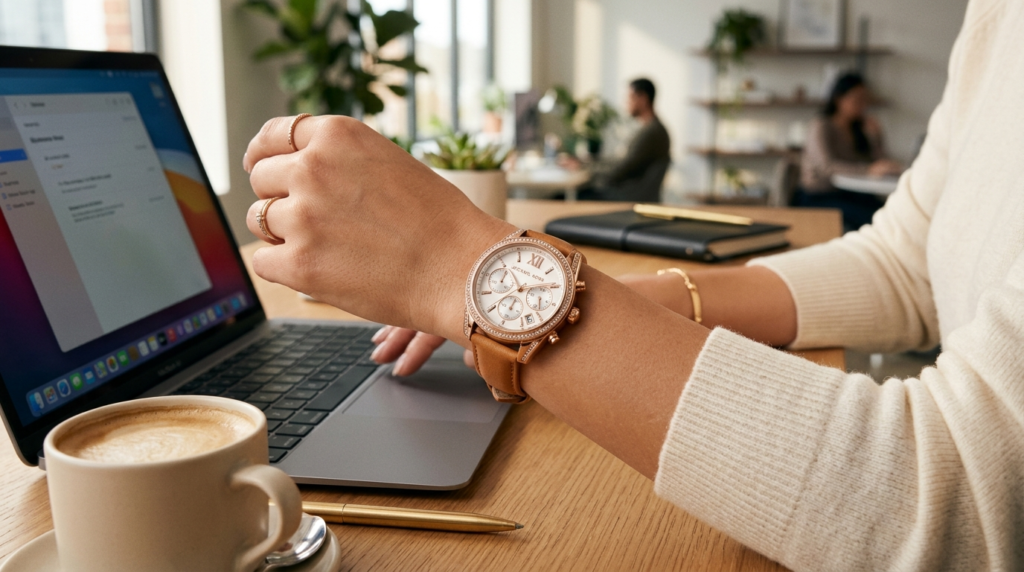 Close-up detail shot of a stylish womans wrist wearing a so