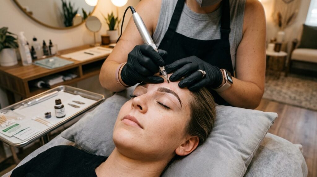 Professional microblading artist applying precise eyebrow st