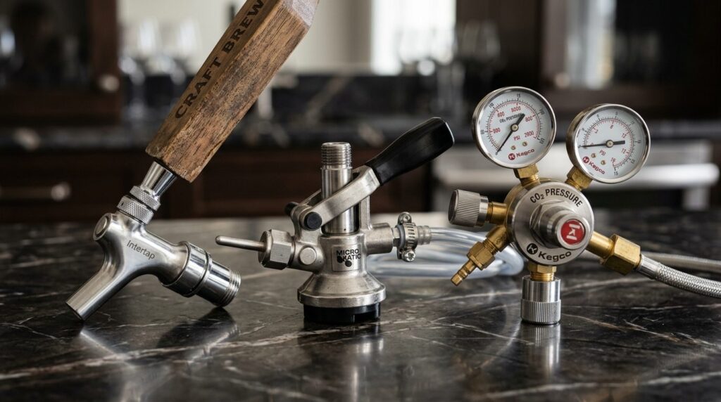 Close-up detail shot of premium draft beer tap equipment inc