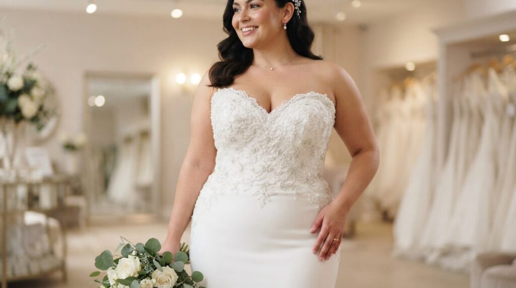 Close-up fashion detail shot of a plus-size bride wearing a