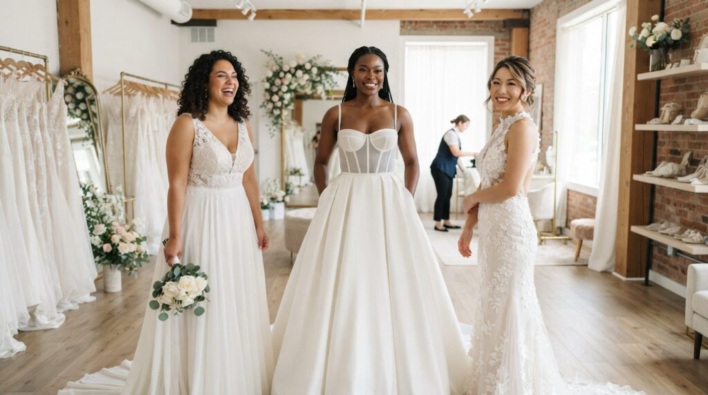 Fashion styling image of diverse curvy brides in different f