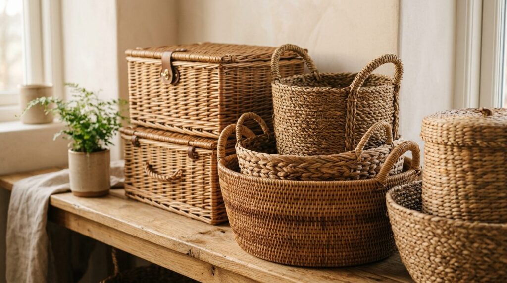 Close-up detail shot of artisanal woven baskets and wicker s