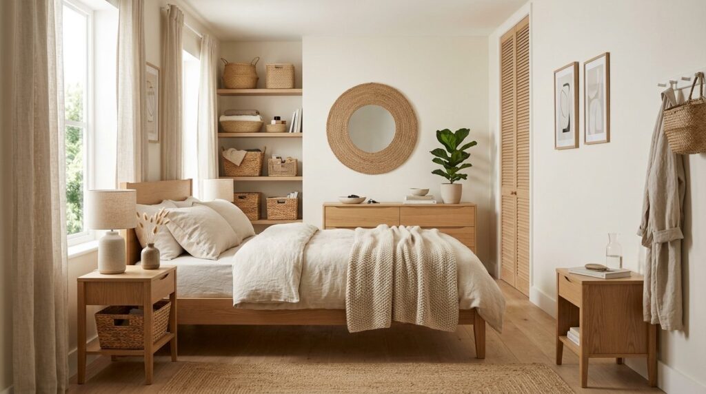 Modern Nordic bedroom styled with natural woven baskets as f