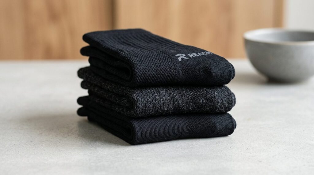Close-up product photography of neatly folded black socks in