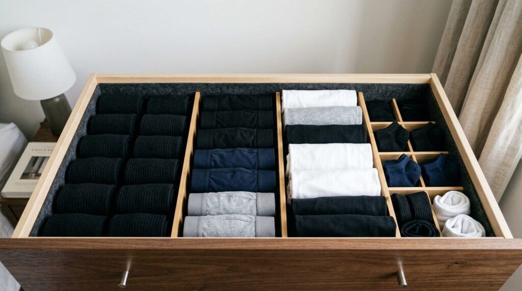 Lifestyle photograph of a organized dresser drawer showing b