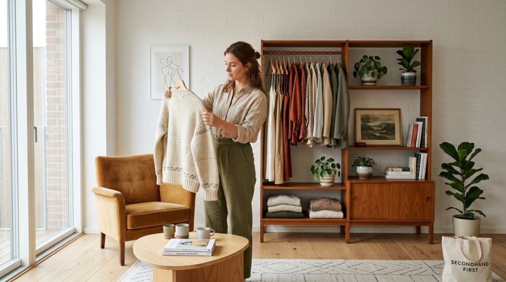 Interior scene of a modern home with vintage thrifted furnit